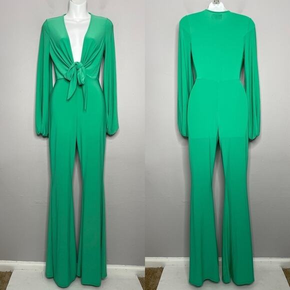 ASOS Pants - ASOS DESIGN Flare Leg Jumpsuit Size 4 Slinky Green Glam Plunge Tie Front Retro